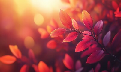 Wall Mural - bright autumn foliage glowing in shades of red and orange, softly illuminated by warm natural sunlig
