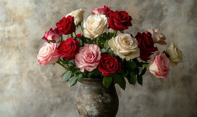 Wall Mural - Elegant rose bouquet in shades of red, pink, and white placed in a rustic vase, soft natural light highlighting their intricate petals and rich tones