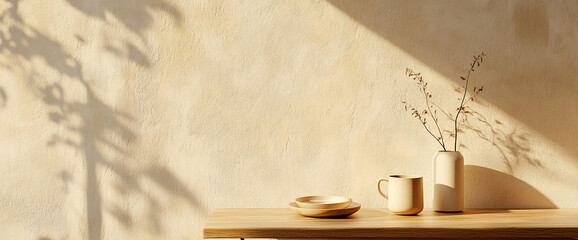 Poster - A minimalist table setting with a beige ceramic cup, plate, and a dried plant in a vase casting soft shadows on a neutral wall, showcasing a calm and peaceful atmosphere.