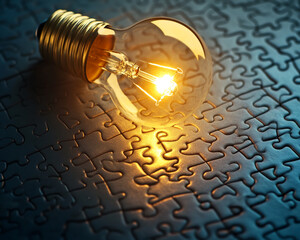 Poster - A glowing lightbulb on a puzzle background symbolizing ideas, problem-solving, and innovation, representing the spark of creativity and the process of finding solutions.