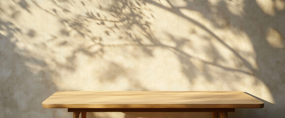 Aufkleber - A wooden table with soft shadows cast on a neutral textured wall, evoking a sense of calm, simplicity, and natural beauty in an artistic minimalistic composition.