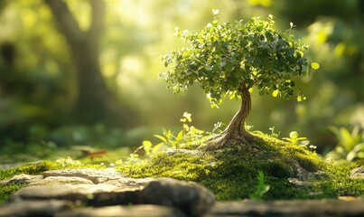 small tree growing with sunshine in garden. eco concept