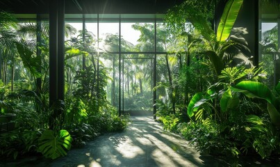 Wall Mural - Lush indoor garden with vibrant green plants, softly illuminated by diffused sunlight to create a serene and fresh atmosphere
