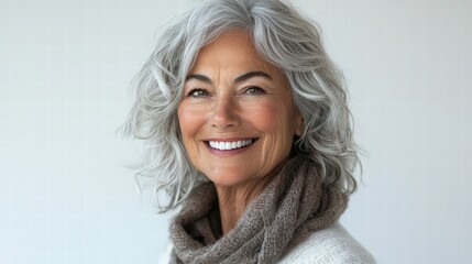 Woman with grey hair wearing a scarf in a natural outdoor setting