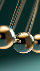 Poster - Close-up of metallic spheres in motion on a pendulum, showcasing the transfer of energy and precision in physics experiments, with a blurred teal background.