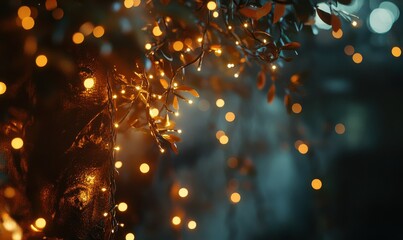 Glowing bokeh lights in warm shades of gold and orange, creating a magical and festive atmosphere against a dark background