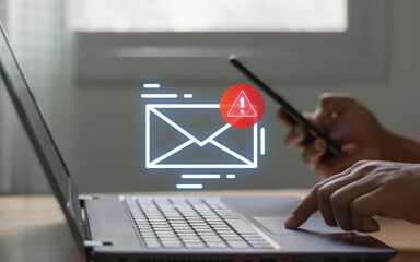 Aufkleber - Fraud, sms spam, fake text message phishing from scammer concept. System hacked red warning alert, email hack, scam malware spreading virus on message alert virtual on smartphone screen in person hand