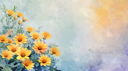 Aufkleber - A vibrant watercolor-style illustration of yellow daisies with green leaves, set against a soft pastel-colored background, symbolizing nature, beauty, and springtime.