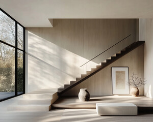 Poster - Contemporary minimalist staircase with wooden steps, modern vase with dried branches, framed artwork, and ample natural light, showcasing a serene and stylish interior design