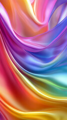 Poster - Abstract rainbow-colored silk fabric with vibrant gradients, showcasing smooth flowing textures in shades of pink, purple, blue, and green, symbolizing creativity and elegance.