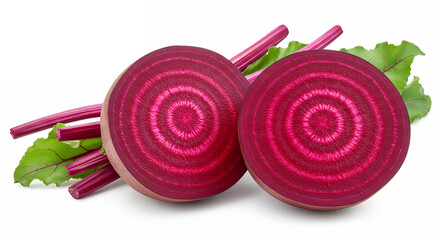 Sliced beetroot vegetable on white: two halves of vibrant red beetroot with green leaves and stems.