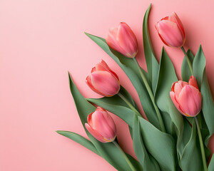 Poster - Close-up view of pink tulips with green leaves on a soft pastel pink background, symbolizing spring, freshness, beauty, and nature, ideal for floral, nature, or love-themed concepts.