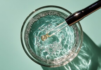 Poster - Clear Glass Bowl with Water and Dropper, Creating Bubbles and Ripples, Bright Aqua Background, Abstract and Minimalist Composition
