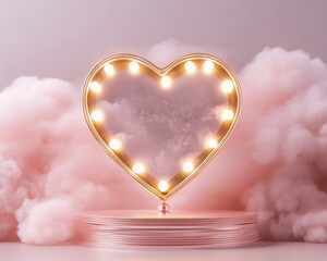 Poster - A glowing heart-shaped marquee sign with lights, surrounded by soft pink clouds, symbolizing love, romance, and Valentine's Day, set on a dreamy, whimsical background.