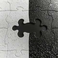 Poster - Two individual puzzle pieces one black and one white are positioned closely on a solid background. Their texture is highlighted with water droplets revealing fine details.