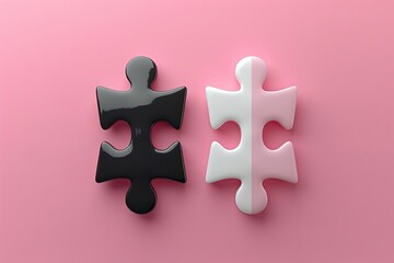 Poster - Closeup view of two separate puzzle pieces one black and one white placed adjacent to each other on a smooth solid background. The arrangement highlights contrast and shape in a minimalist style.