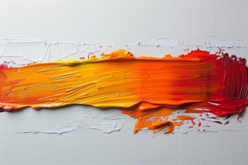 Poster - A striking closeup reveals a solitary brushstroke of vibrant yellow red paint applied on a textured white background. The artwork showcases fluid movement and vivid color contrast.