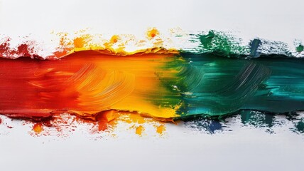 Poster - A closeup view reveals a vibrant brushstroke of red yellow and green paint on an unblemished white background. The flowing texture and colors create a striking contrast and visual interest.