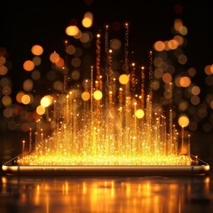 Poster - A sleek smartphone displays upward moving holographic data rendered in orange and yellow hues. The blurry city lights create a captivating bokeh effect emphasizing technological advancement.