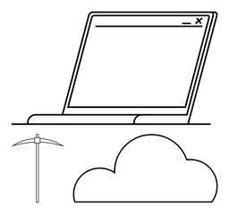 Poster - laptop displaying a window, a pickaxe, and a cloud outline. ideal for concepts on data mining, cloud