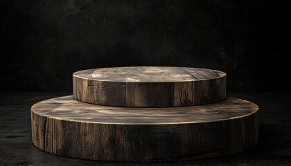 Poster - Old Timber Wooden Product Display Podium On Black Background: 3d Rendering Of Vintage Display Stand
