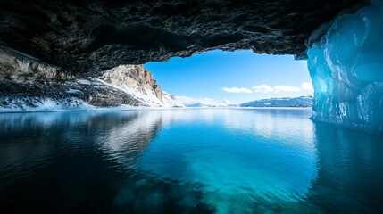 Sticker - Arctic cave view; serene lake, snow-capped mountains, clear sky