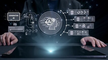 Poster - human interact with ai artificial intelligence brain processor in concept of ai artificial intellige