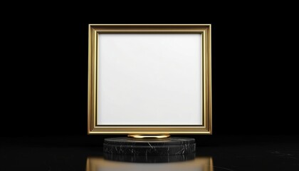 Poster - Luxurious White Marble Pedestal On Black And Gold Art Deco Frame: Abstract Design With Clean And Simple Look, Mockup Concept.