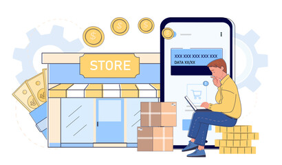 Poster - Man shopping online with smartphone in front of a store, flat design, white background. Concept of e-commerce. Vector illustration