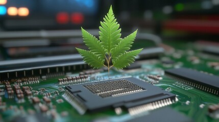 Wall Mural - Green tech leaf on circuit board