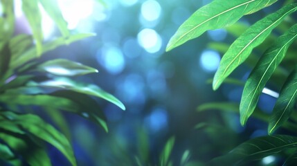 Poster - Lush green leaves, sunlight, bokeh background. Nature backdrop for wellness, travel, or health