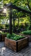 © alex - Rustic Garden Oasis: A charming outdoor garden space with wooden planters overflowing with vibrant greenery, wooden arbor frame and the soft interplay of sunlight filtering through the leaves.