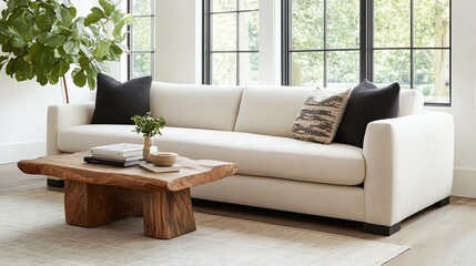 Sticker - Modern living room, cream sofa, wooden coffee table, large windows