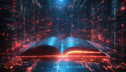Aufkleber - Open digital book with bright neon light trails streaming out of the pages, surrounded by a futuristic backdrop of holographic displays and neon glowing grids