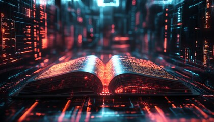 Aufkleber - Open digital book with bright neon light trails streaming out of the pages, surrounded by a futuristic backdrop of holographic displays and neon glowing grids