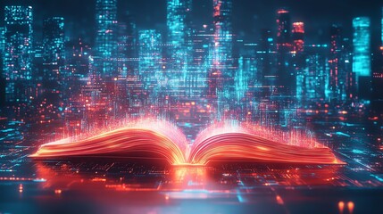 Aufkleber - Vibrant digital book with neon light trails swirling out from its open pages, futuristic city skyline with digital grids and glowing neon accents in the background