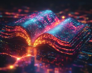 Aufkleber - Colorful digital book with radiant neon light trails streaming from its pages, futuristic cyberpunk background with glowing tech details and digital patterns