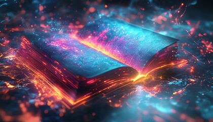 Fototapete - Colorful digital book with neon light trails emanating from open pages, set against a futuristic background filled with glowing technology and digital elements