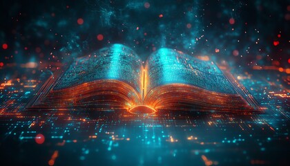 Fototapete - Colorful digital book with neon light trails emanating from open pages, set against a futuristic background filled with glowing technology and digital elements