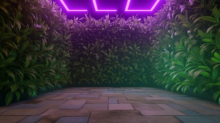 Wall Mural - Neon-lit garden path, plants, night