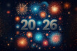 © Elena - Glittery silver '2026' on dark blue background surrounded by vibrant fireworks in various colors. Festive and celebratory New Year's theme perfect for marking the beginning of 2026.