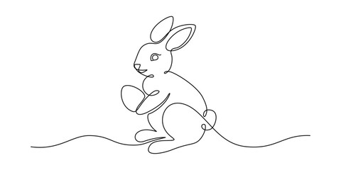Poster - One continuous line drawing of Easter eggs and rabbit. Greeting banner design with bunny and ears in simple linear style. Editable stroke. Doodle vector illustration