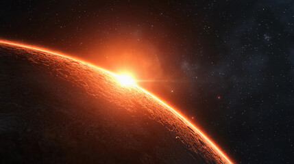 Wall Mural - A stunning view of a planet's horizon, illuminated by a rising sun against a backdrop of deep space.