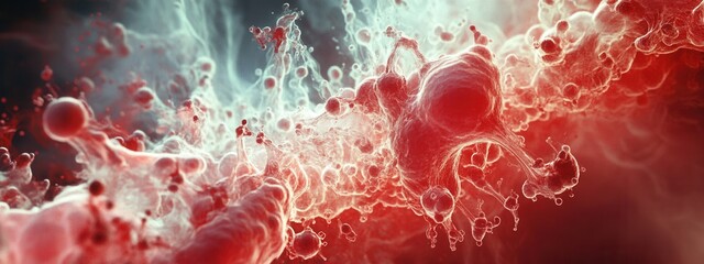 Poster - Abstract depiction of colorful fluid dynamics with vibrant red and azure hues swirling in a dramatic, artistic composition