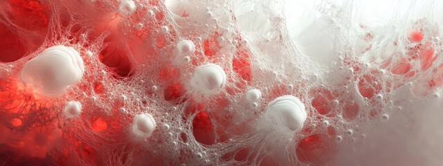Poster - Abstract Close-Up of Red and White Bubbles in a Liquid Texture with Organic Shapes and Patterns