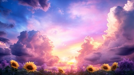 Poster - Sunflowers, lilacs sunset, vibrant sky, peaceful scene, background