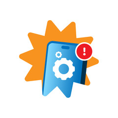 Poster - Flat illustration of a smartphone with a gear and exclamation mark, representing an app update notification. Perfect for UI design, mobile applications, software updates, and technology