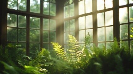 Poster - Sunlit ferns in greenhouse, vibrant green foliage, botanical garden. Nature photography for websites