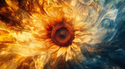 Poster - Vibrant Sunflower Blooming in a Colorful Abstract Background With Swirling Patterns of Light and Color