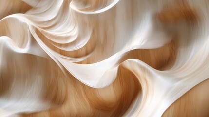 Poster - Soft Flowing Silk Fabric on Warm Wooden Surface with Graceful Movement and Natural Light Emphasis